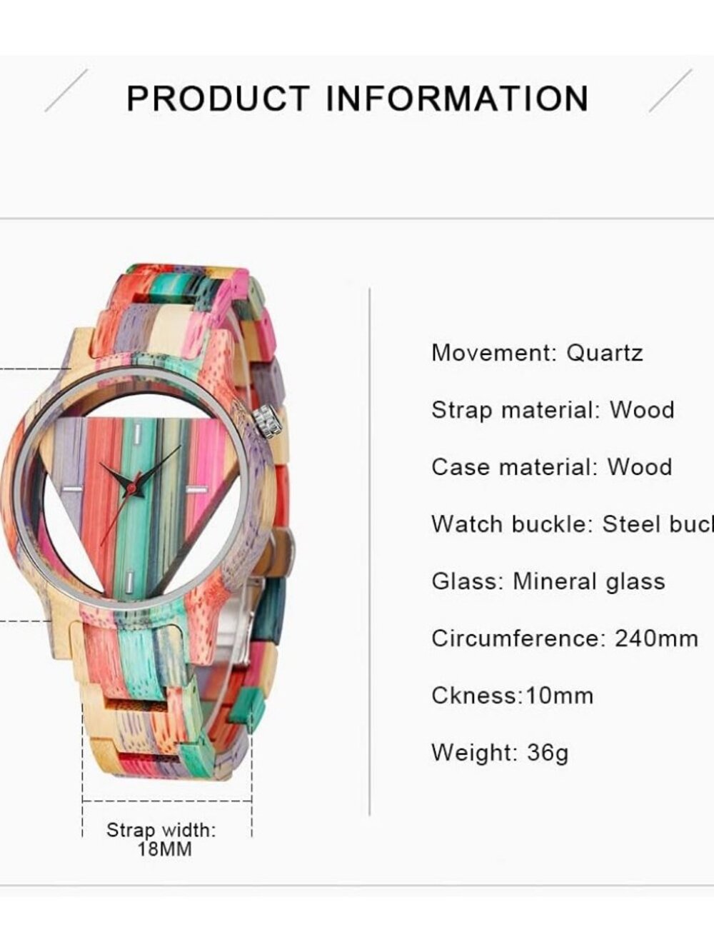 Mens Watch Colorful Multi Wooden Triangle Handmade Analog Dial Quartz Wristwatch - Picture 6 of 7